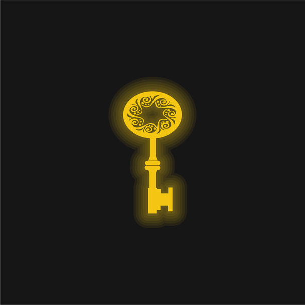 Antyczny kształt klucza z dziurą w środku spirali w owalnej żółtej świecącej neonowej ikonie - Wektor, obraz