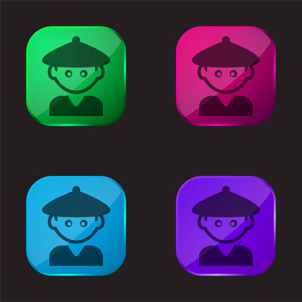 Chlapec s čínským kloboukem čtyři barvy skleněné tlačítko ikona - Vektor, obrázek