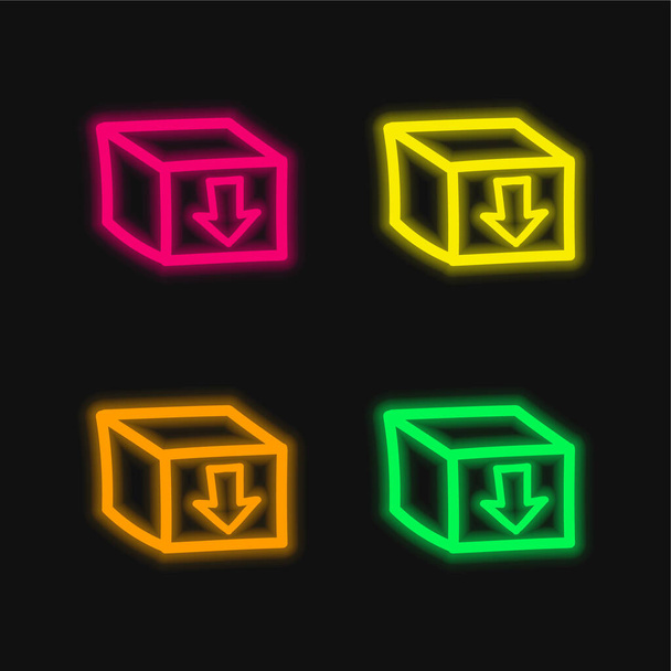 Κουτί με ένα σημάδι βέλους που δείχνει προς τα κάτω το χέρι ζωγραφισμένο σύμβολο τεσσάρων χρωμάτων λαμπερό εικονίδιο διάνυσμα νέον - Διάνυσμα, εικόνα