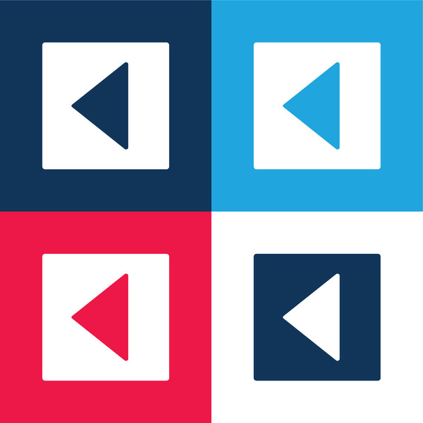 Powrót Trójkątna lewa strzałka w kwadracie Wypełniony przycisk niebieski i czerwony zestaw czterech kolorów minimalny zestaw ikon - Wektor, obraz