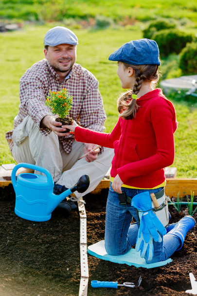 Gärtnern, Pflanzen - junges Mädchen hilft Vater im Garten - Foto, Bild