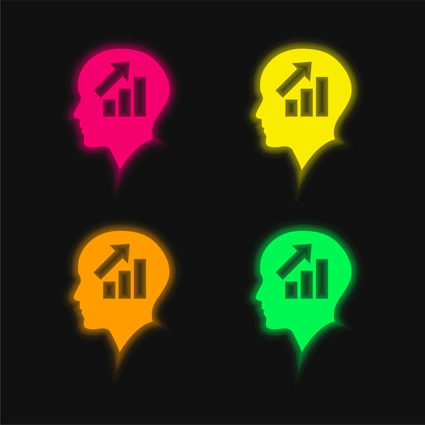 Testa calva di un uomo d'affari con grafica ascendente di barre icona vettoriale al neon incandescente di quattro colori - Vettoriali, immagini