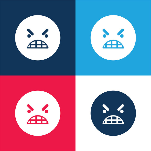 Anger Emoticon Square Arc kék és piros négy szín minimális ikon készlet - Vektor, kép