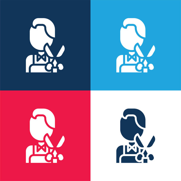 Barber blue and red four color minimal icon set - Vector, Image