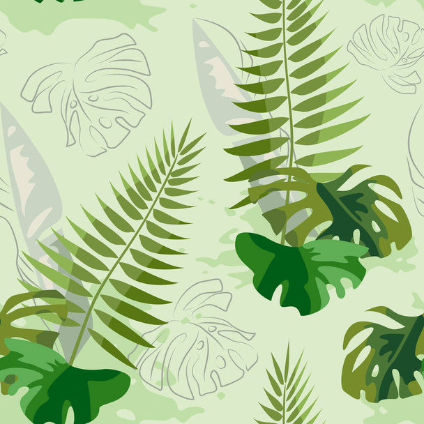 Collage background from leaves. Modern exotic jungle plants illustration in vector. Seamless pattern. - Вектор,изображение