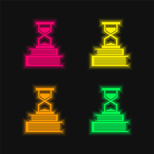 Livres et horloge de sable icône vectorielle néon rayonnante de quatre couleurs - Vecteur, image