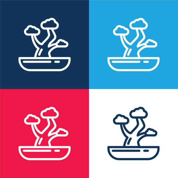 Bonsai modrá a červená čtyři barvy minimální ikona nastavena - Vektor, obrázek