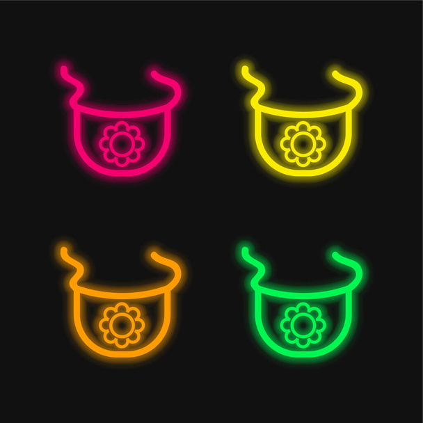 Baby Bib obrys s květinou čtyři barvy zářící neonový vektor ikona - Vektor, obrázek
