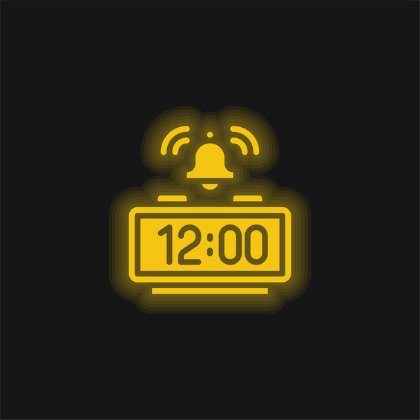Relógio de alarme amarelo brilhante ícone de néon - Vetor, Imagem