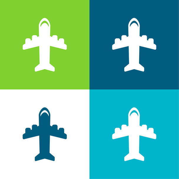 Vliegtuig met vier motoren Vlak vier kleuren minimale pictogram set - Vector, afbeelding