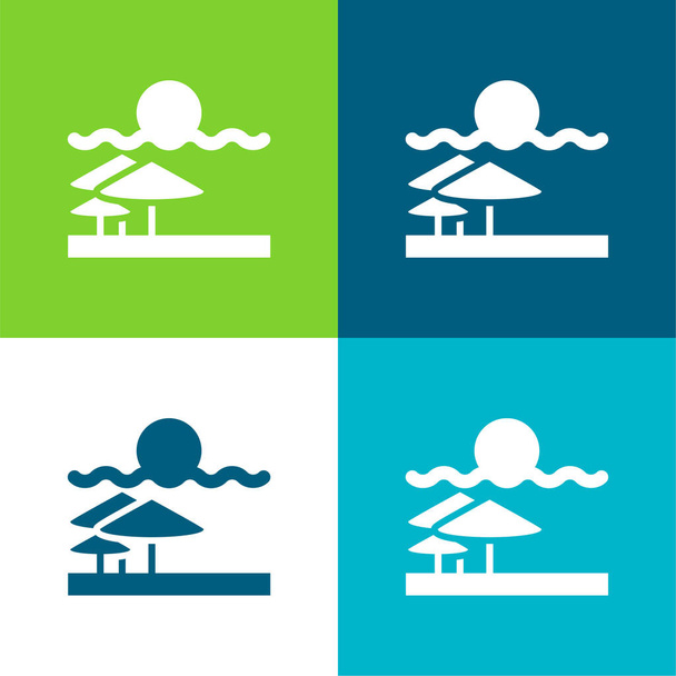 Beach View Set icona minimale piatto a quattro colori - Vettoriali, immagini