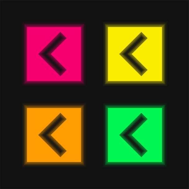 Seta de ângulo traseiro na interface quadrada Botão de quatro cores brilhante ícone de vetor de néon - Vetor, Imagem