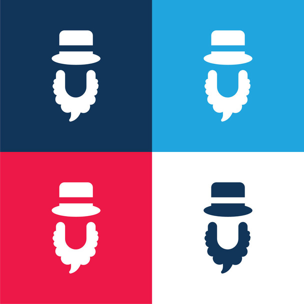 Barba y sombrero azul y rojo de cuatro colores mínimo icono conjunto - Vector, Imagen