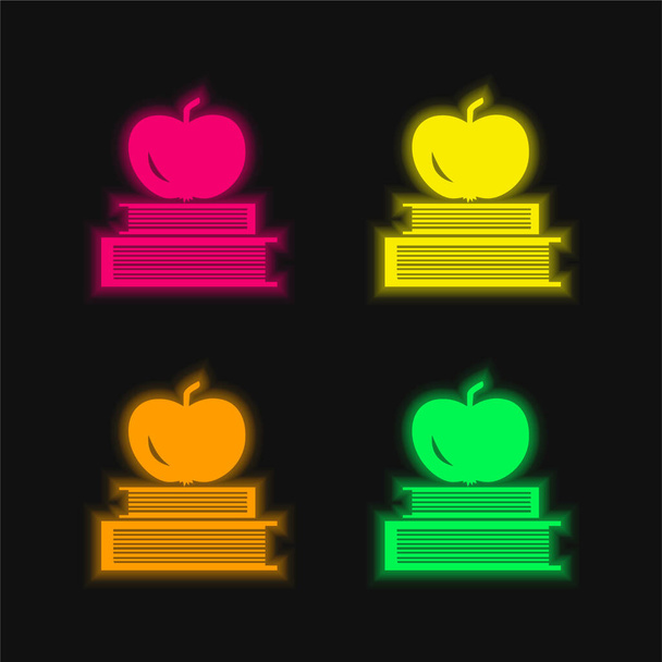 Bücher und Apple an der Spitze vier leuchtende Neon-Vektorsymbole - Vektor, Bild