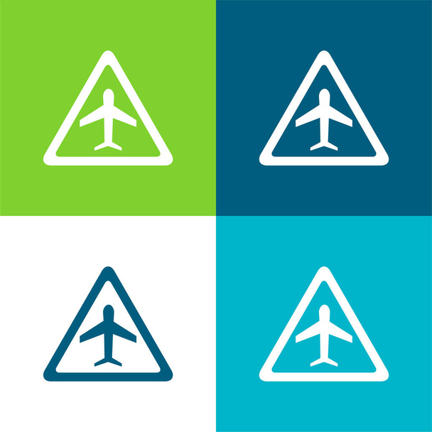 Luchthaven verkeer driehoekig signaal van een vliegtuig Vlak vier kleuren minimale pictogram set - Vector, afbeelding