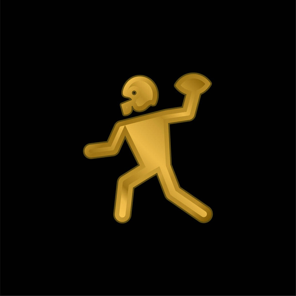 Amerikai futball játékos játszik dobás a labdát a kezében aranyozott fém ikon vagy logó vektor - Vektor, kép