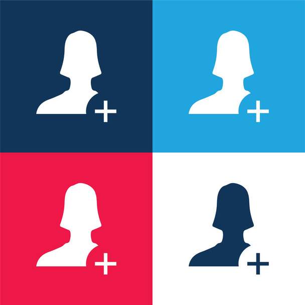 Añadir usuario femenino azul y rojo cuatro colores mínimo icono conjunto - Vector, imagen