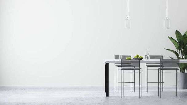 Moderno interior de la habitación blanca brillante con mesa de bar contemporánea y taburetes de bar, se burlan de la pared vacía, estilo minimalista escandinavo, representación 3d - Foto, imagen