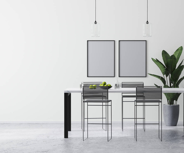 плакаты оформлены в современном светлом интерьере белой комнаты с современным барным столом и барными стульями, скандинавский минималистический стиль, 3D рендеринг - Фото, изображение