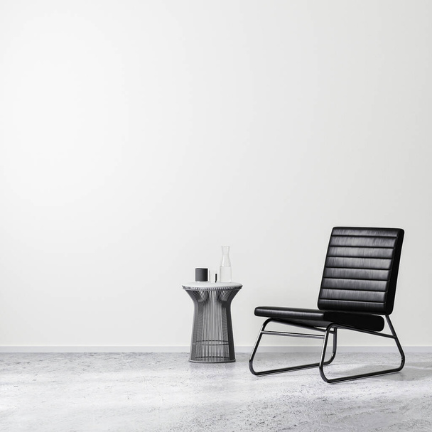 kortárs belsőépítészeti jelenet fekete fotellel dohányzóasztallal, fehér fallal és betonpadlóval, üres fali mock up, 3D-s renderelés - Fotó, kép