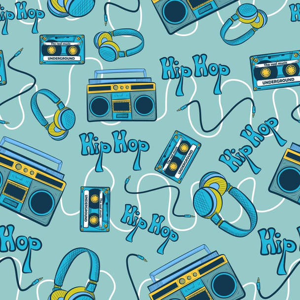 Μπλε hiphop χωρίς ραφή μοτίβο με καταγραφείς, κασέτες, ακουστικά και καλώδια. Επαναλαμβανόμενο υπόβαθρο με στοιχεία hip hop underground κουλτούρας. 1990 εννοιολογική τέχνη επανάληψη διάνυσμα με χορό και μουσική  - Διάνυσμα, εικόνα