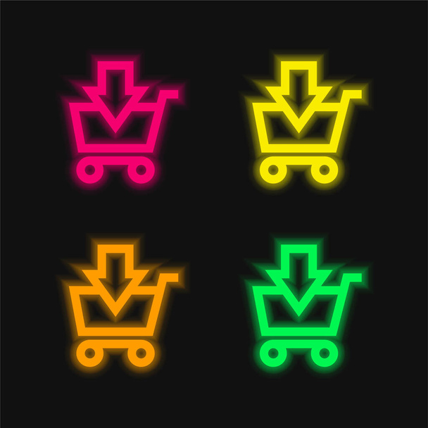 ショッピングカートに追加するEコマースボタンダウン矢印4色の輝くネオンベクトルアイコン - ベクター画像