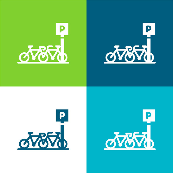 Estacionamento de bicicleta Conjunto de ícones mínimos de quatro cores plano - Vetor, Imagem