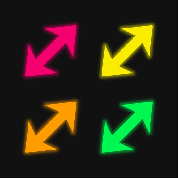 Flecha diagonal con dos puntos a direcciones opuestas icono de vectores de neón brillante de cuatro colores - Vector, Imagen