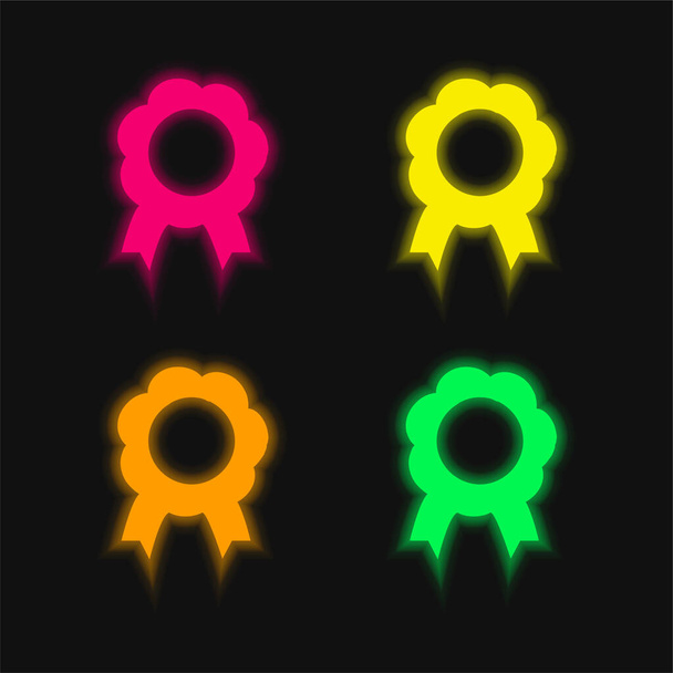 Premio Fiore forma simbolica medaglia con nastro code quattro colori incandescente icona al neon vettore - Vettoriali, immagini