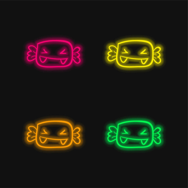 Élő Halloween Candy with Fangs négy színű izzó neon vektor ikon - Vektor, kép