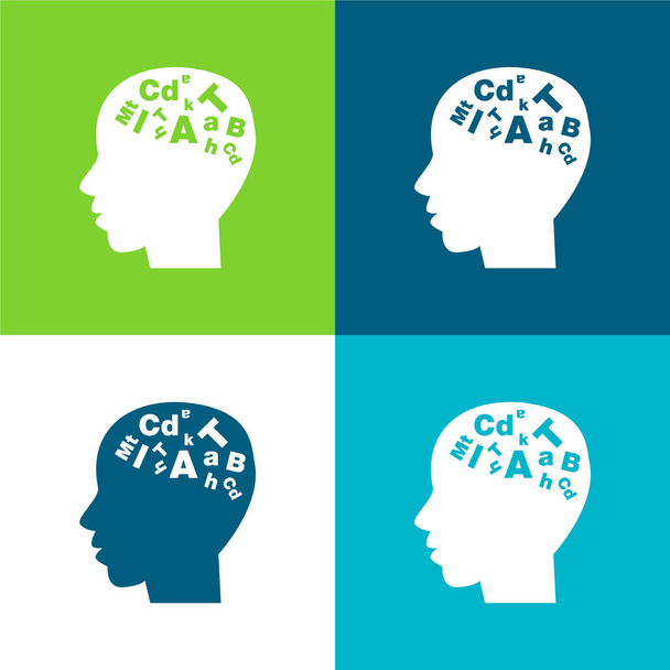 Kopasz férfi fej oldalra néző betűkkel belül lapos négy szín minimális ikon készlet - Vektor, kép