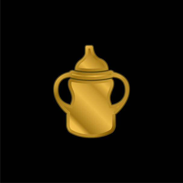 Bebé botella variante con mango en ambos lados chapado en oro icono metálico o logo vector - Vector, imagen