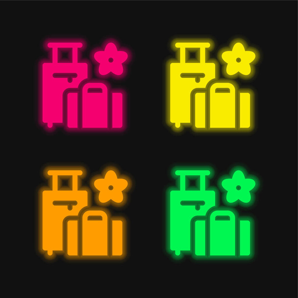 Poggyász négy színű izzó neon vektor ikon - Vektor, kép