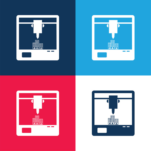 Símbolo da impressora 3d da janela azul e vermelho conjunto de ícones mínimos de quatro cores - Vetor, Imagem