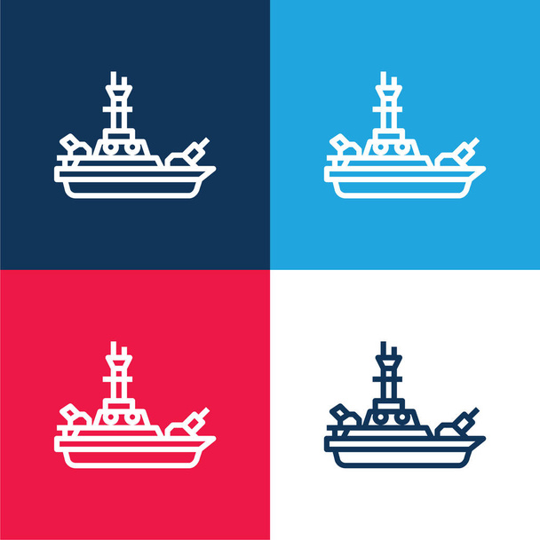 Csatahajó kék és piros négy szín minimális ikon készlet - Vektor, kép