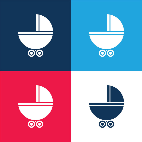 Carruagem do bebê com rodas azul e vermelho conjunto de ícones mínimos de quatro cores - Vetor, Imagem