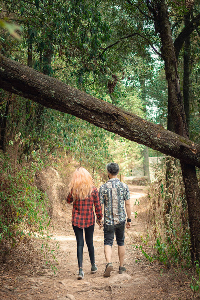 Paar wandelingen door het bos rug aan rug, outdoor excursie concept, dag in het park paar hand in hand - Foto, afbeelding