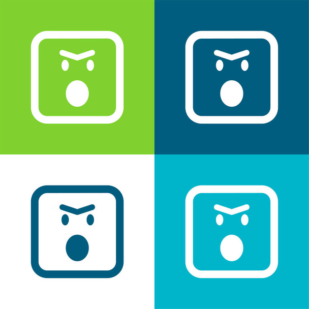 Enojado Emoticon cara con la boca abierta en redondeado cuadrado contorno plano de cuatro colores mínimo icono conjunto - Vector, Imagen