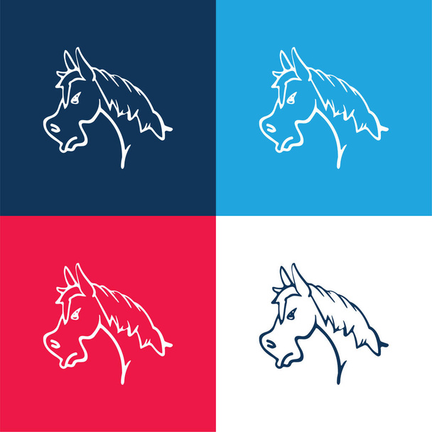 怒っている馬の顔側ビューの概要青と赤の4色の最小アイコンセット - ベクター画像