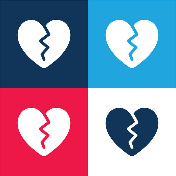 Borken Heart modrá a červená čtyři barvy minimální ikona nastavena - Vektor, obrázek