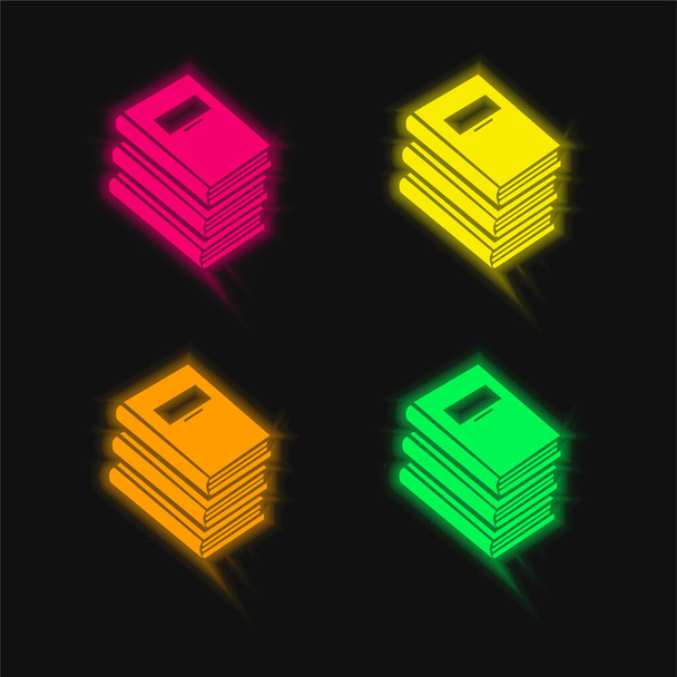 Books Stack For Education four color glowing neon vector icon - Vector, Image