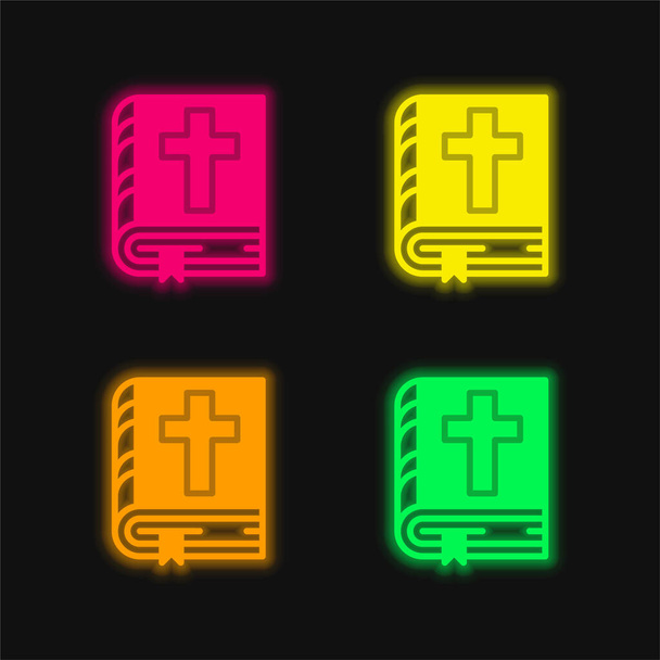 Bijbel vier kleuren gloeiende neon vector icoon - Vector, afbeelding