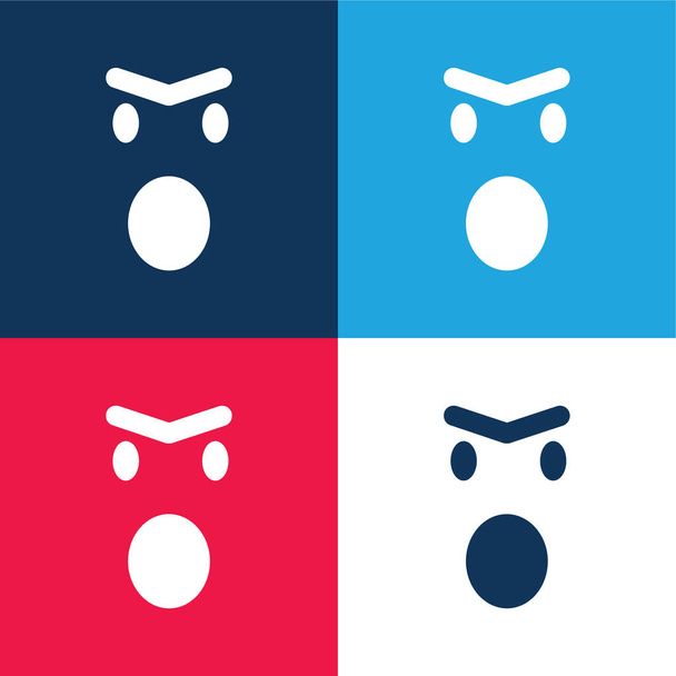 Rosto Emoticon irritado com a boca aberta no quadrado redondo esboço azul e vermelho quatro cores conjunto de ícones mínimos - Vetor, Imagem