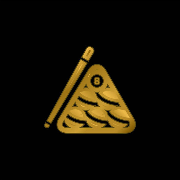 Billiard Balls Set Inside The Triangle And The Stick At One Side gold plated metalic icon or logo vector - Vector, Image