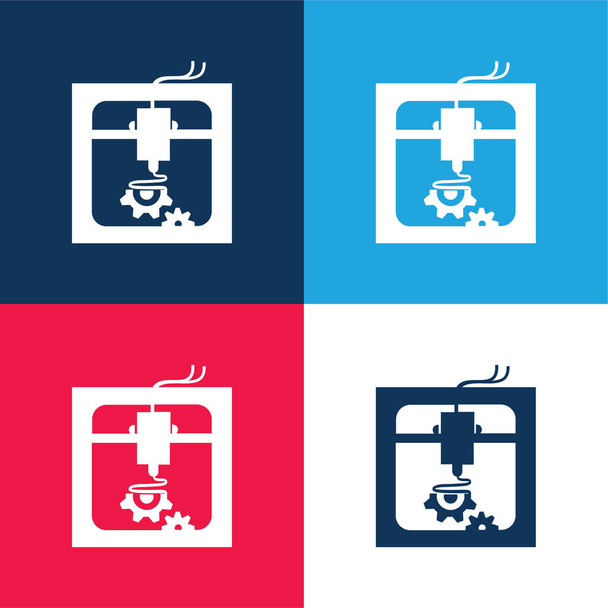 3d ρυθμίσεις εκτυπωτή Διεπαφή Σύμβολο μπλε και κόκκινο τεσσάρων χρωμάτων ελάχιστο σύνολο εικονιδίων - Διάνυσμα, εικόνα