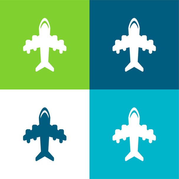 Avion avec quatre grands moteurs Ensemble d'icônes minime plat de quatre couleurs - Vecteur, image