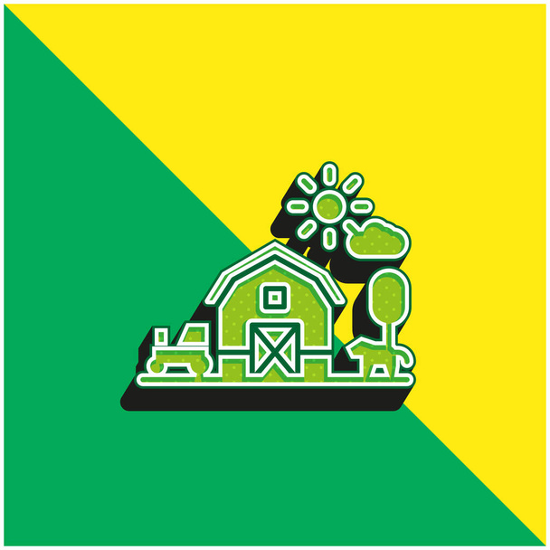 Celeiro verde e amarelo moderno logotipo vetor 3d ícone - Vetor, Imagem