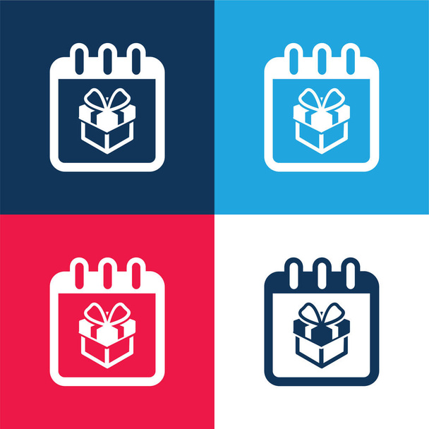 Birthday Giftbox On Reminder Calendar Page blue and red four color minimal icon set - Vector, Image