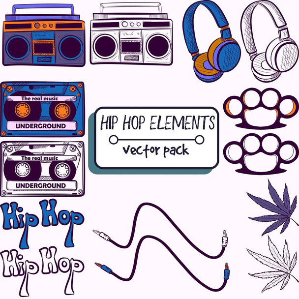 Opakowanie z hiphop, techno, elementy taneczne. Kolekcja z kasetą, radio, słuchawki, mosiężne kostki, marihuana, kabel i hip hop tekst. Vintage i retro gadżety i urządzenia muzyczne. - Wektor, obraz