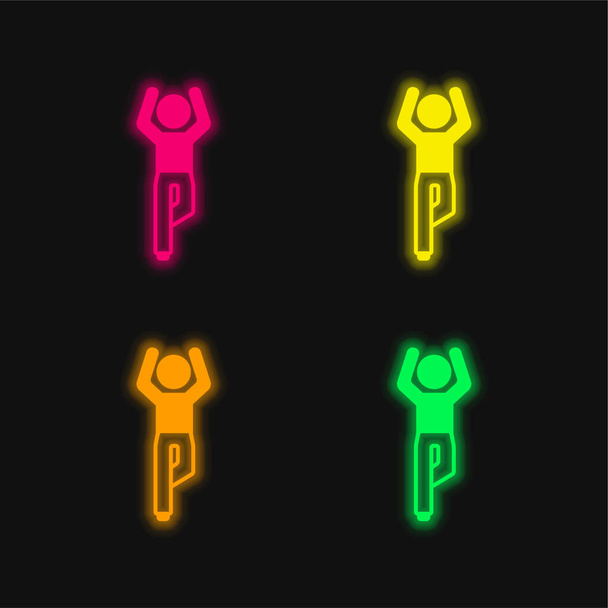 Boy Flexining Leg And With Arms Up four color glowing neon vector icon - Vector, Image